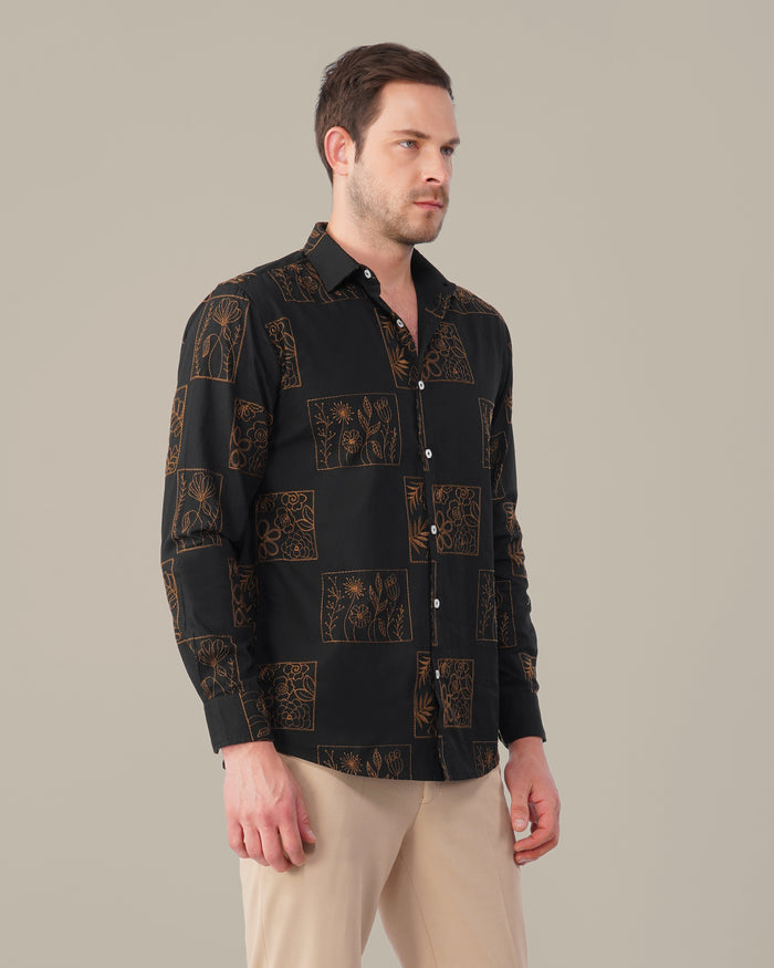 Black Floral Print Cotton-rich Linen-style Shirt