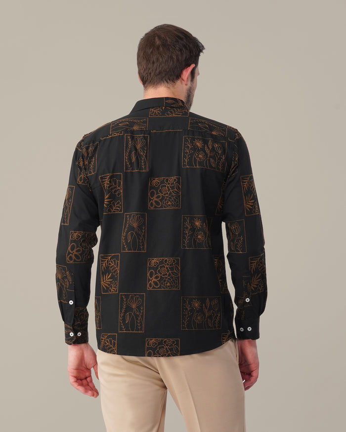 Black Floral Print Cotton-rich Linen-style Shirt