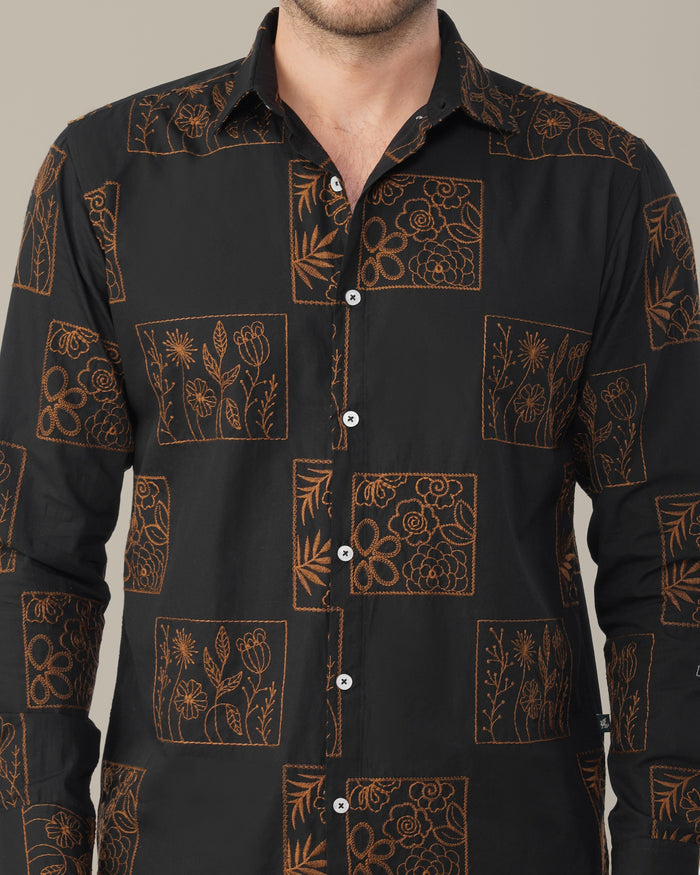 Black Floral Print Cotton-rich Linen-style Shirt