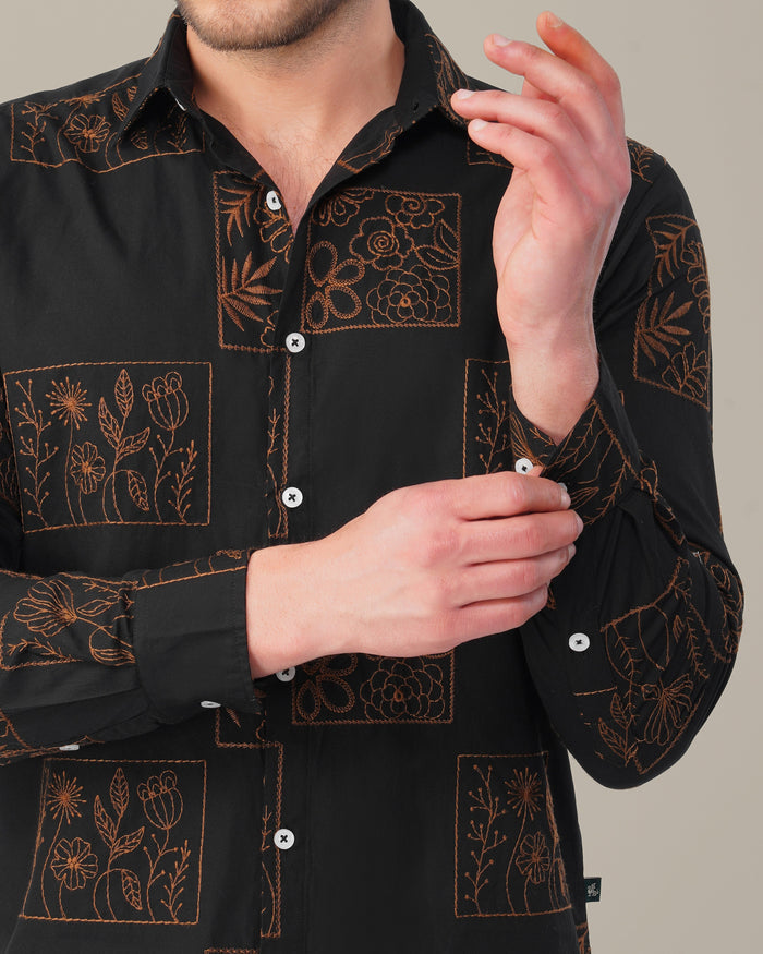 Black Floral Print Cotton-rich Linen-style Shirt