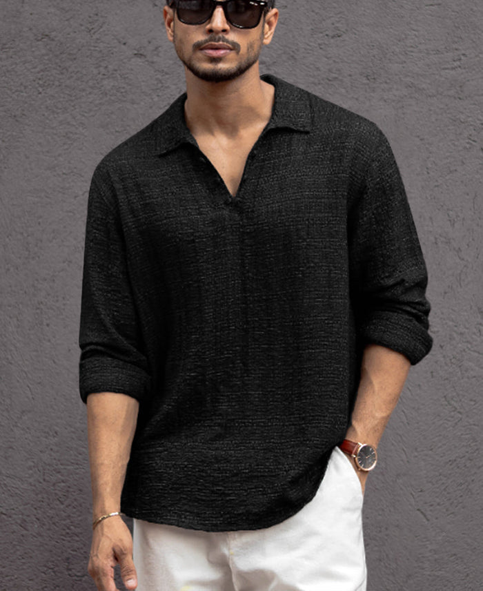 Black Kurta Style Regular Fit Full Sleeves Shirt
