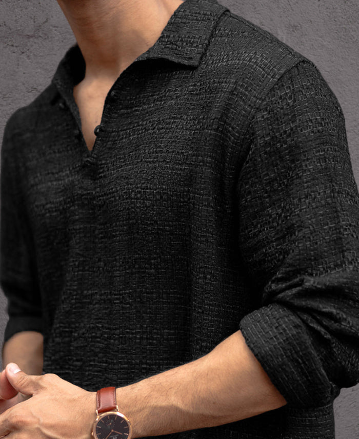 Black Kurta Style Regular Fit Full Sleeves Shirt