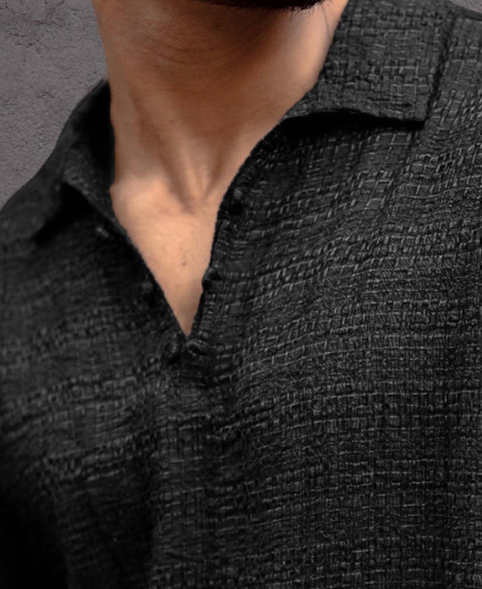 Black Kurta Style Regular Fit Full Sleeves Shirt