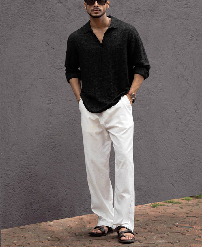 Black Kurta Style Regular Fit Full Sleeves Shirt