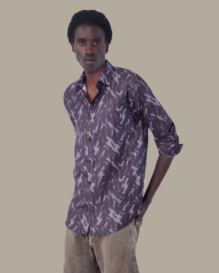 Black Multi-Color Digital Print Polyester Button-Up Shirt