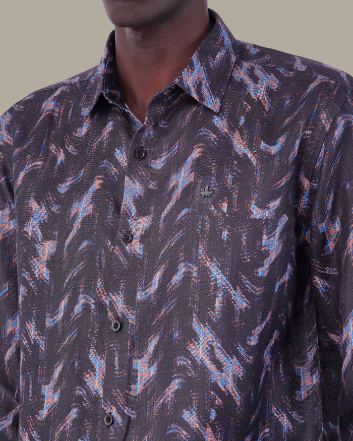 Black Multi-Color Digital Print Polyester Button-Up Shirt