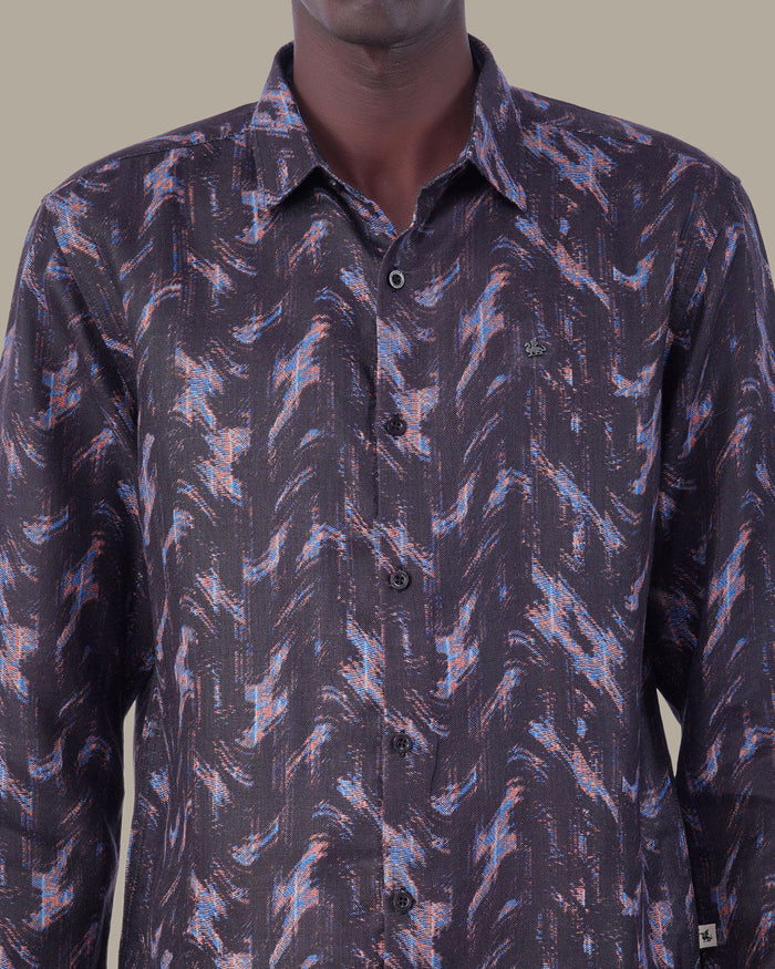 Black Multi-Color Digital Print Polyester Button-Up Shirt