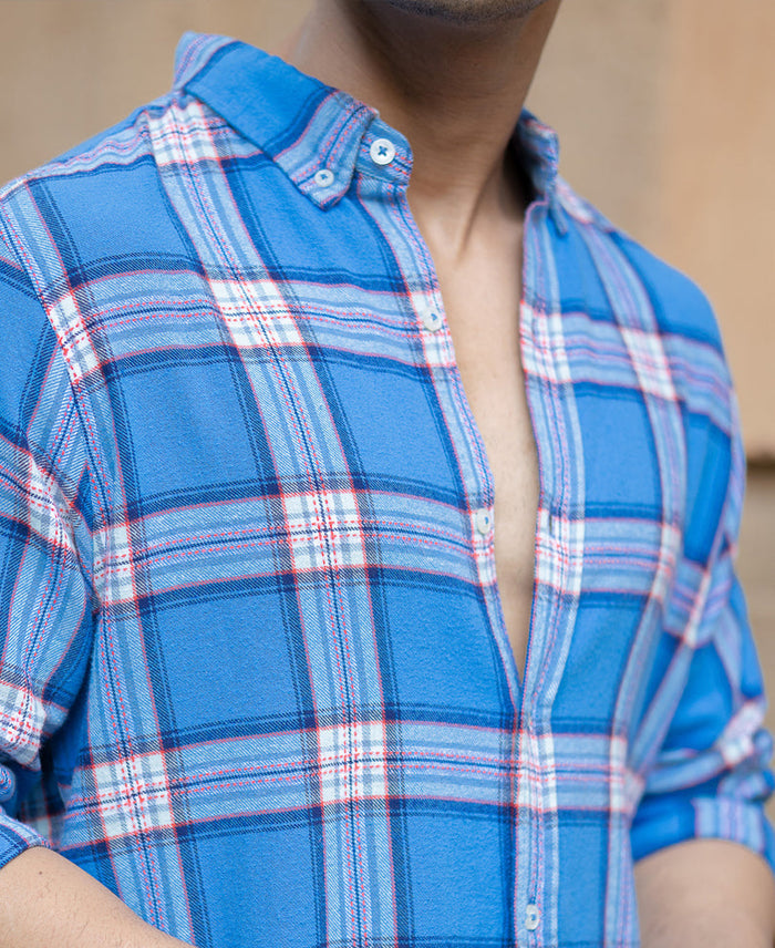 Blue Brushed Full Sleeves Checks Shirt 100% Cotton