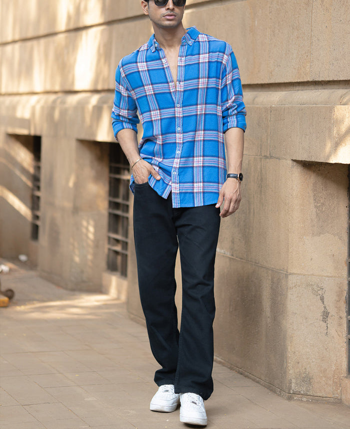 Blue Brushed Full Sleeves Checks Shirt 100% Cotton