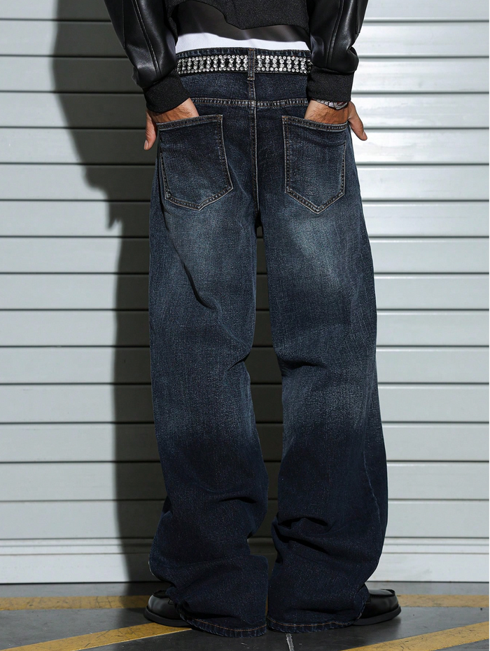 Blue Eclipse Distressed Loose Straight Fit Jeans
