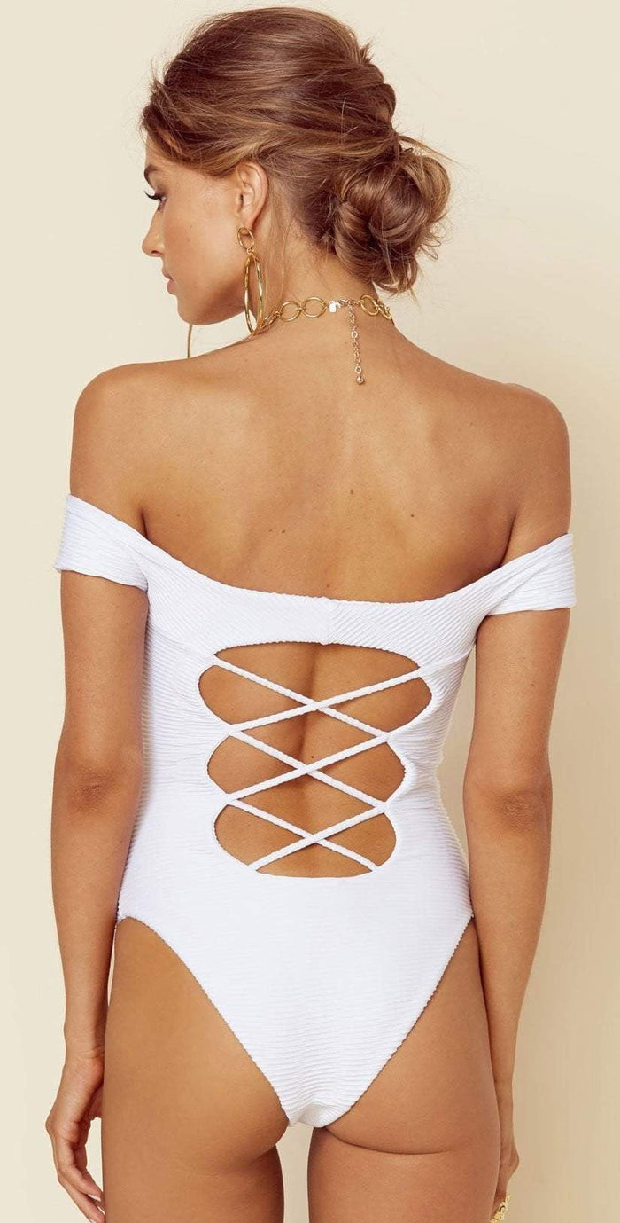 Blue Life Off Shoulder One Piece In White Jacquard 390-9466-WHT: