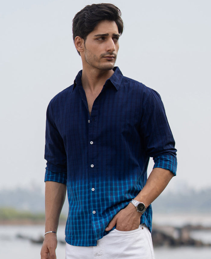 Blue Ombre Checks Shirt 100% Cotton
