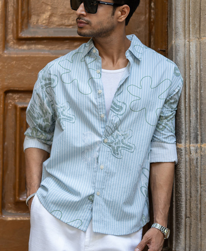 Blue Stripe Abstract Print Shirt 100% Cotton