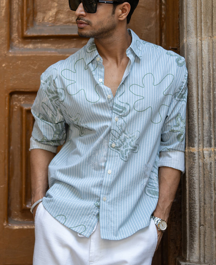 Blue Stripe Abstract Print Shirt 100% Cotton