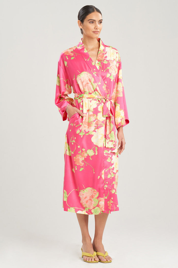Bouquet-Printed Matte Satin Robe