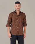 Brown Checkered Cotton-rich Linen-style Shirt
