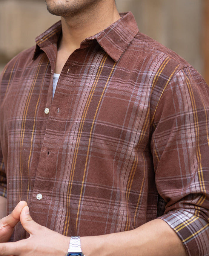 Brown Corduroy Check Shirt 100% Cotton