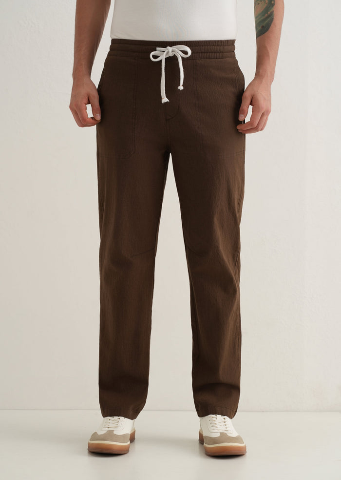 Brown Drawstring Cotton Linen Pant