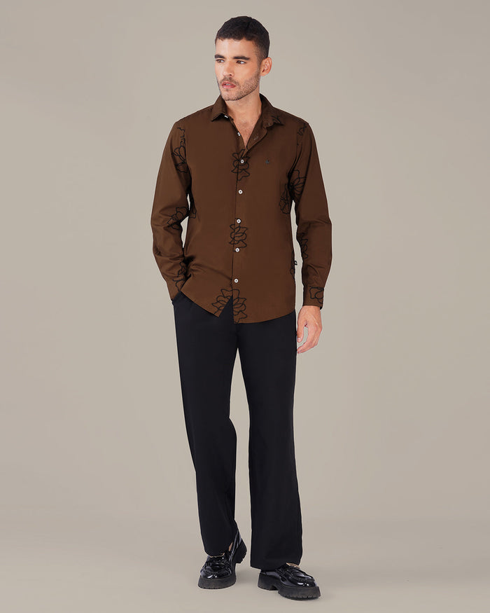 Brown Floral Cotton-Rich Poplin Blend Shirt