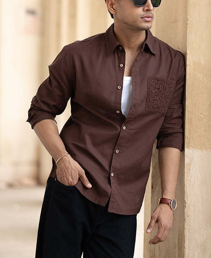 Brown Full Sleeves Regular Fit Linen Shirt