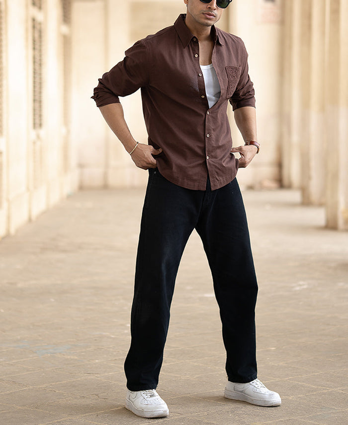 Brown Full Sleeves Regular Fit Linen Shirt