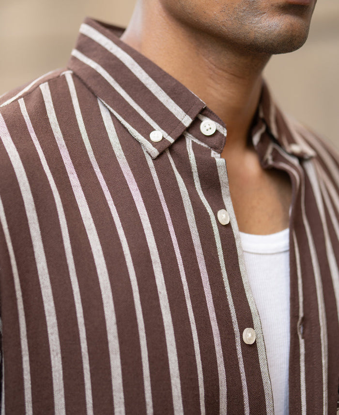 Brown Linen Blend Stripe Shirt