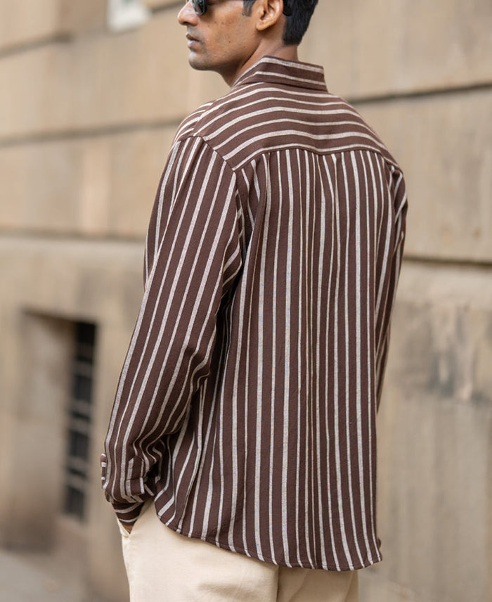 Brown Linen Blend Stripe Shirt