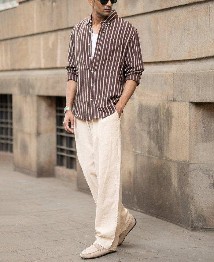 Brown Linen Blend Stripe Shirt