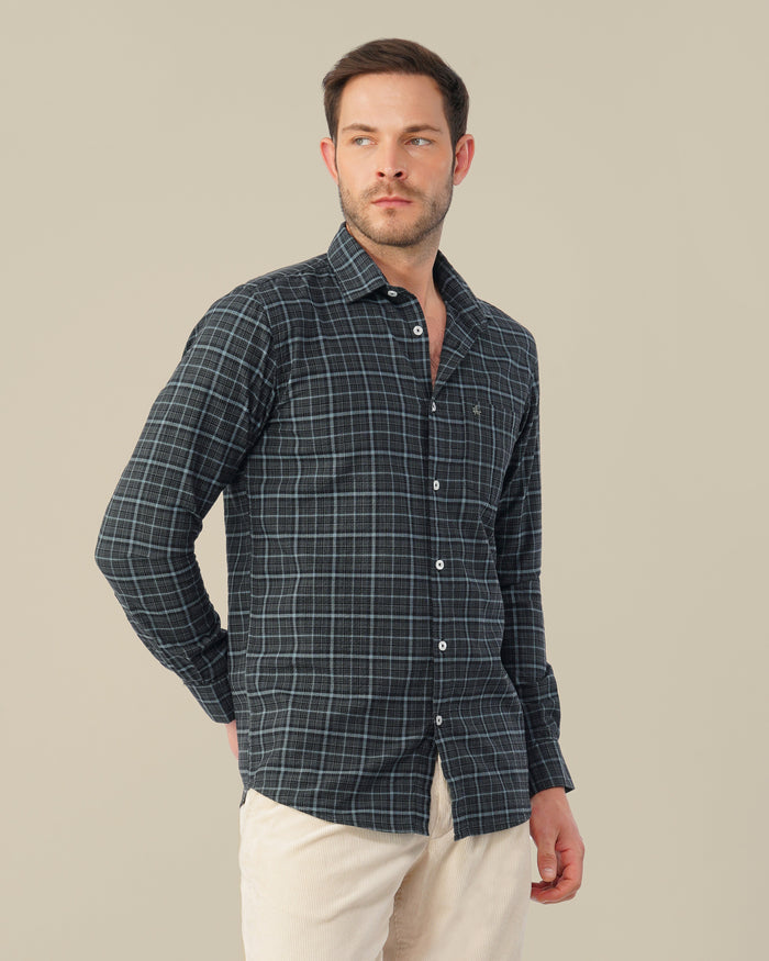 Charcoal Gray Plaid Dobby Check Linen Plus Blend Shirt