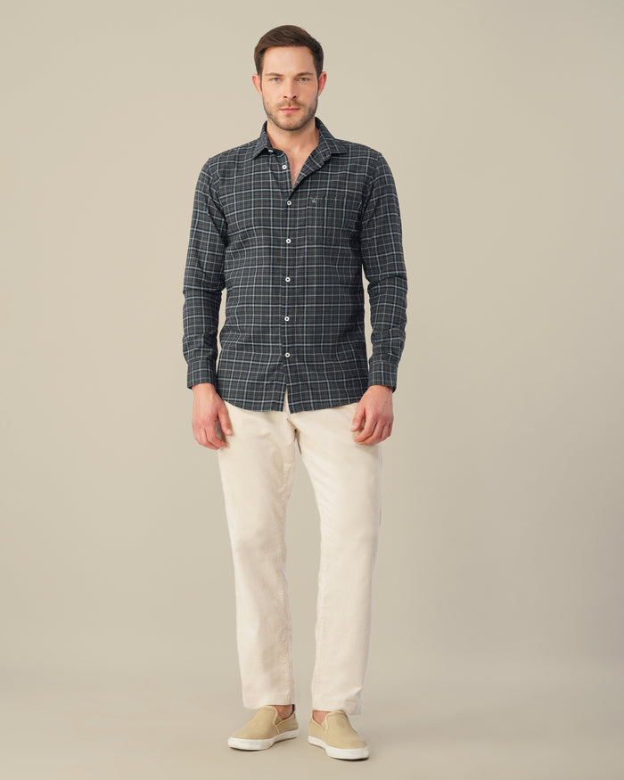 Charcoal Gray Plaid Dobby Check Linen Plus Blend Shirt