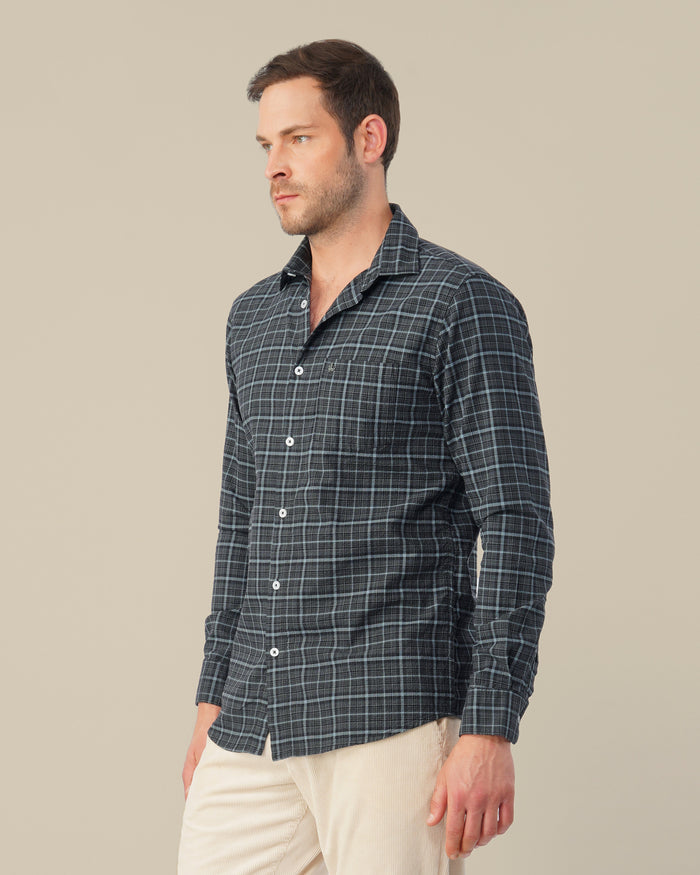 Charcoal Gray Plaid Dobby Check Linen Plus Blend Shirt