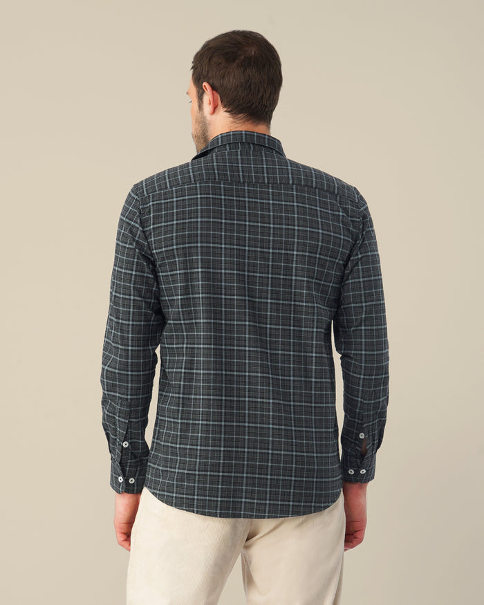 Charcoal Gray Plaid Dobby Check Linen Plus Blend Shirt
