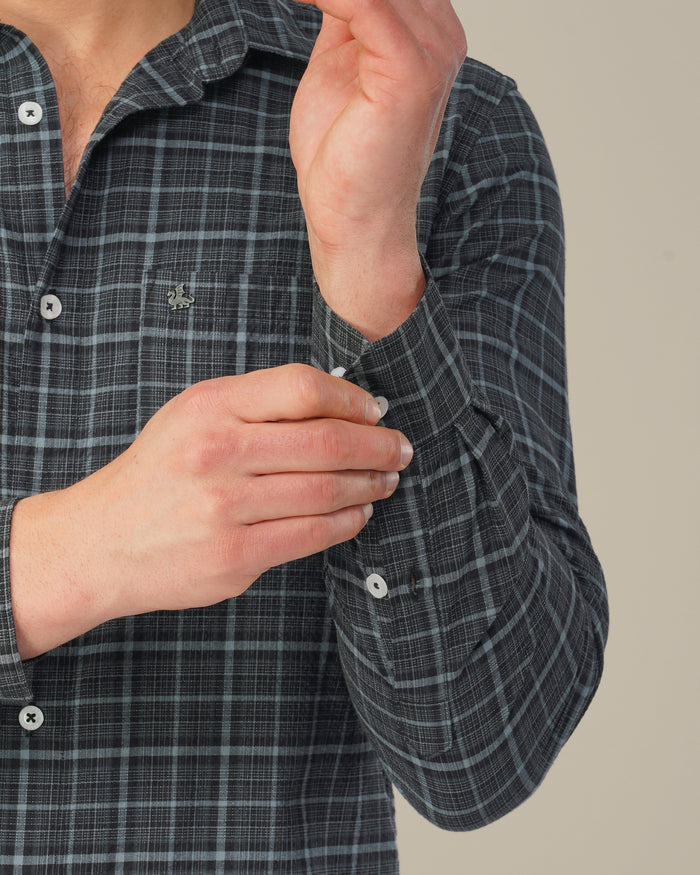 Charcoal Gray Plaid Dobby Check Linen Plus Blend Shirt
