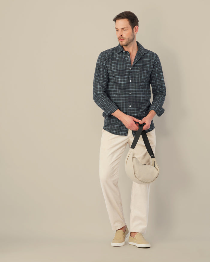 Charcoal Gray Plaid Dobby Check Linen Plus Blend Shirt