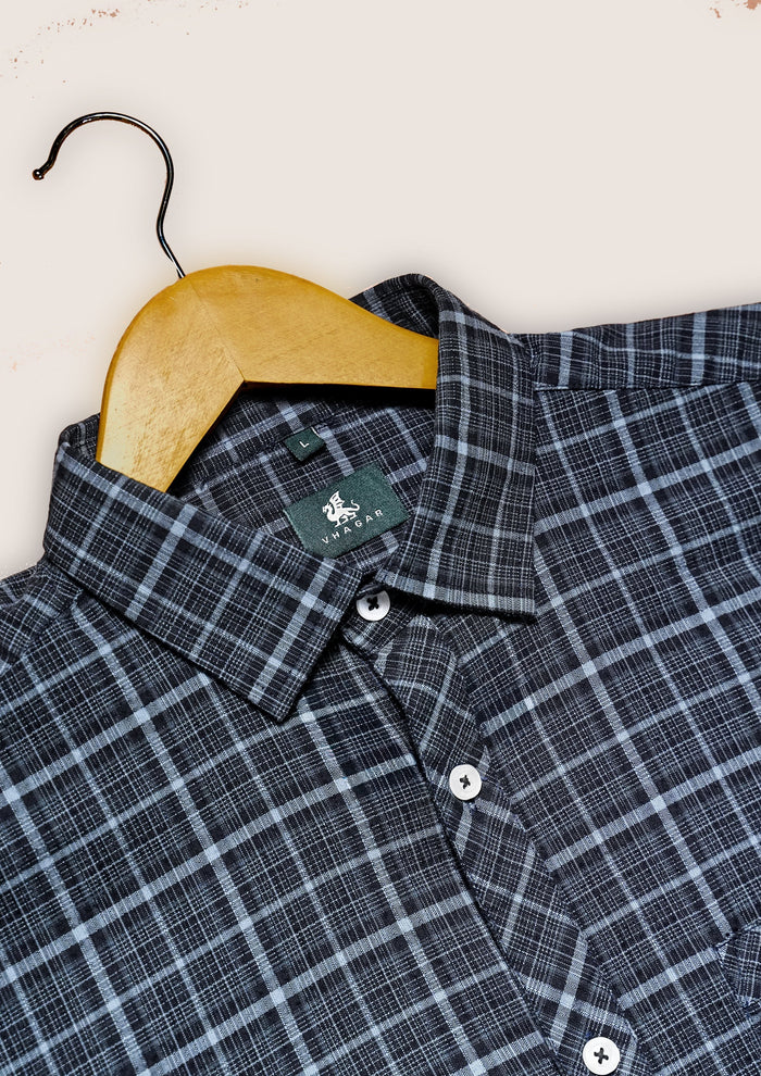 Charcoal Gray Plaid Dobby Check Linen Plus Blend Shirt