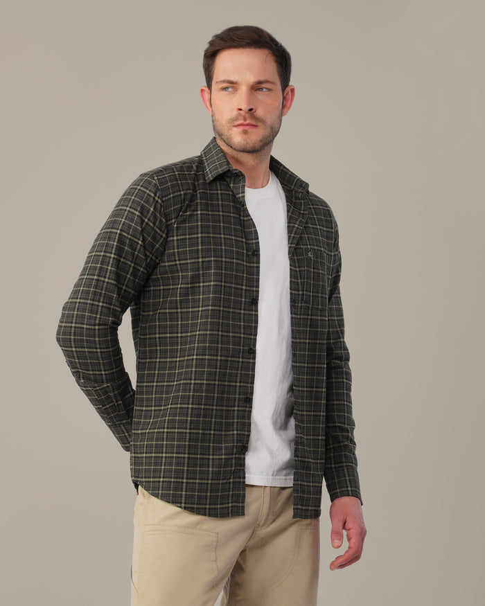 Charcoal Green Dobby Check Linen Plus Cotton Shirt