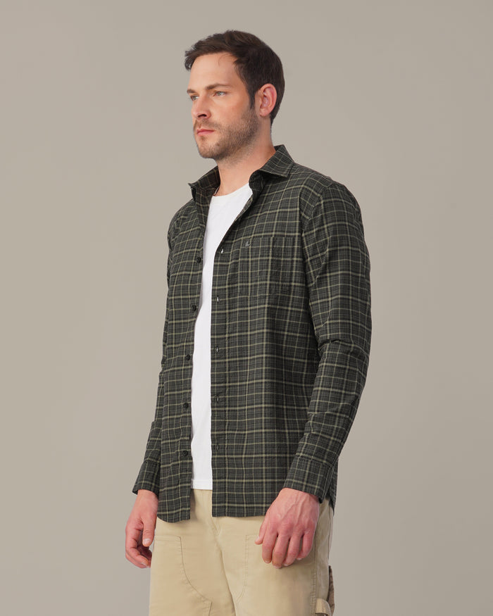 Charcoal Green Dobby Check Linen Plus Cotton Shirt