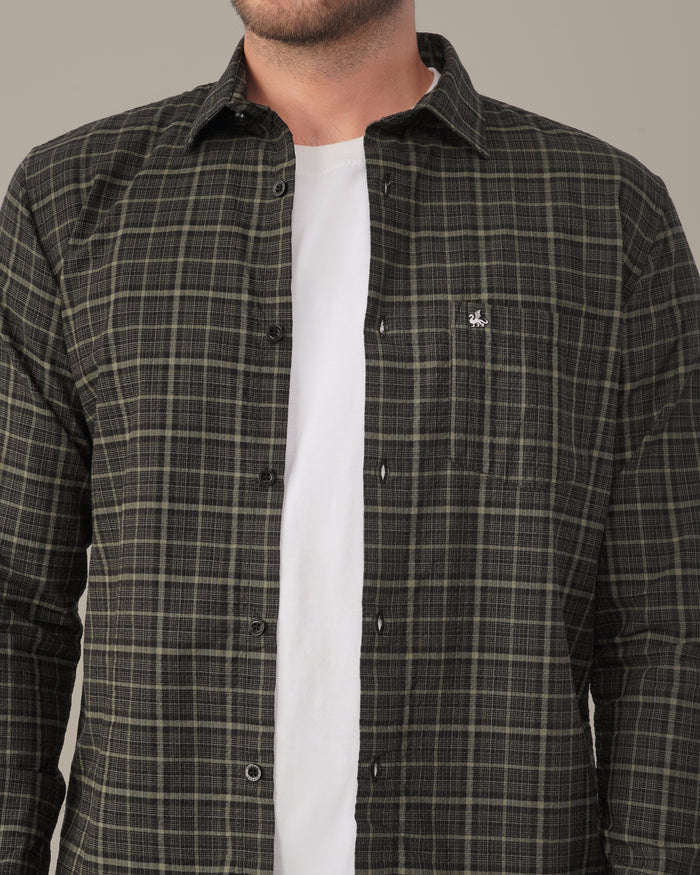 Charcoal Green Dobby Check Linen Plus Cotton Shirt