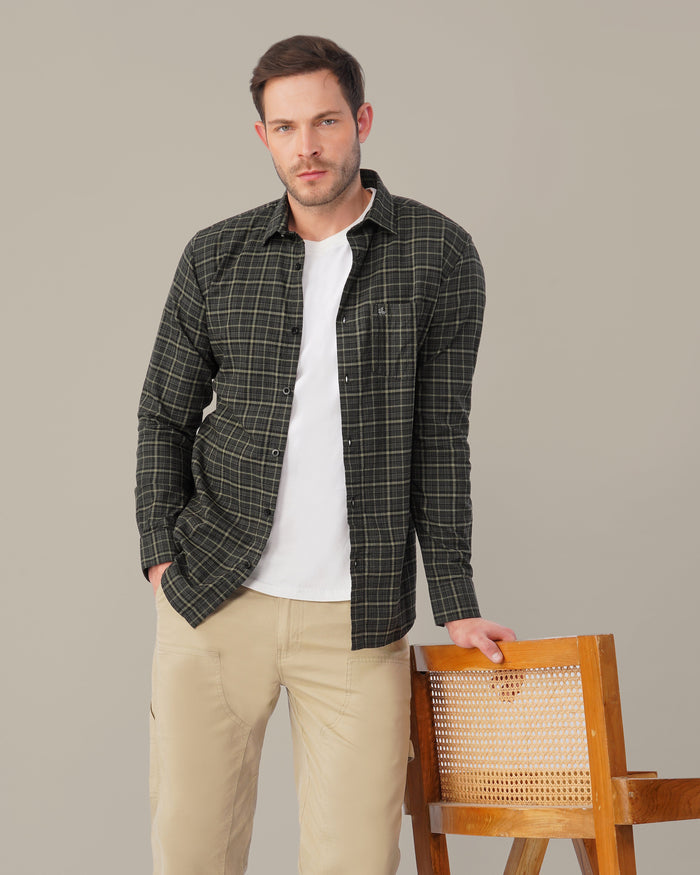 Charcoal Green Dobby Check Linen Plus Cotton Shirt