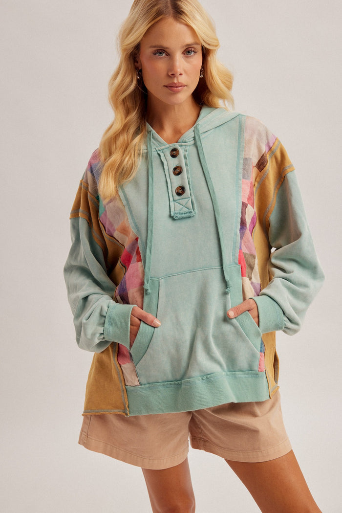 Checker Print Mixed Color Block Hoodie Top