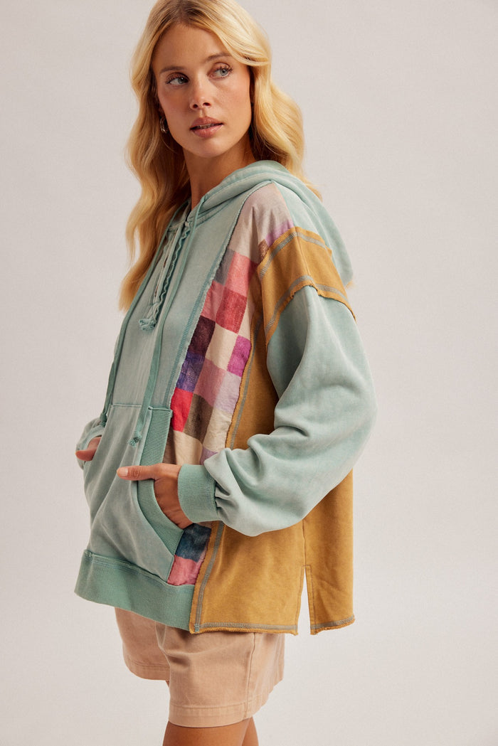 Checker Print Mixed Color Block Hoodie Top