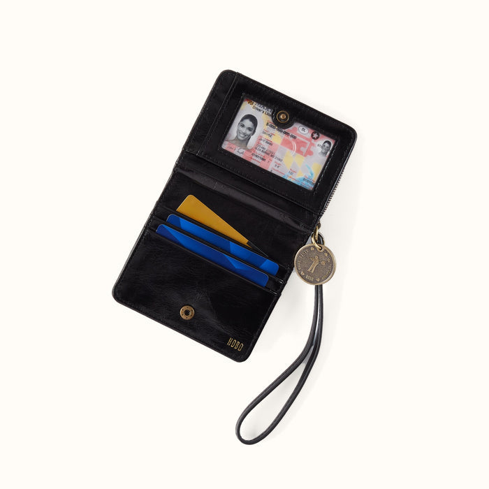 Coin Wristlet Wallet In Polished Leather - Black