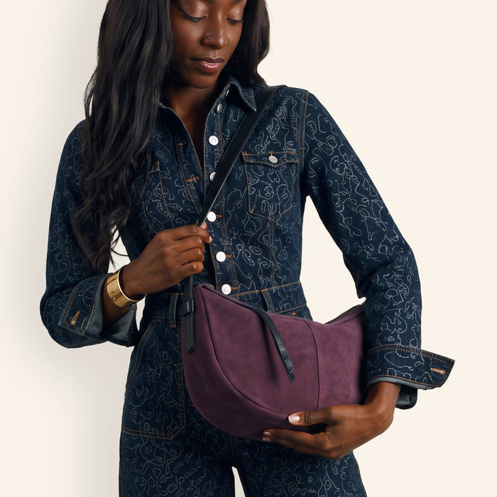 Contour Shoulder Crossbody In Suede Leather - Dark Cherry