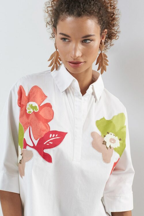 Cotton Poplin Embroidered Collared Top
