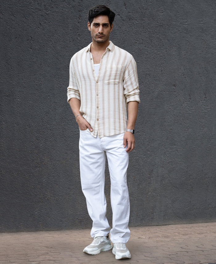 Cream & Beige Structured Stripe Shirt 100% Cotton