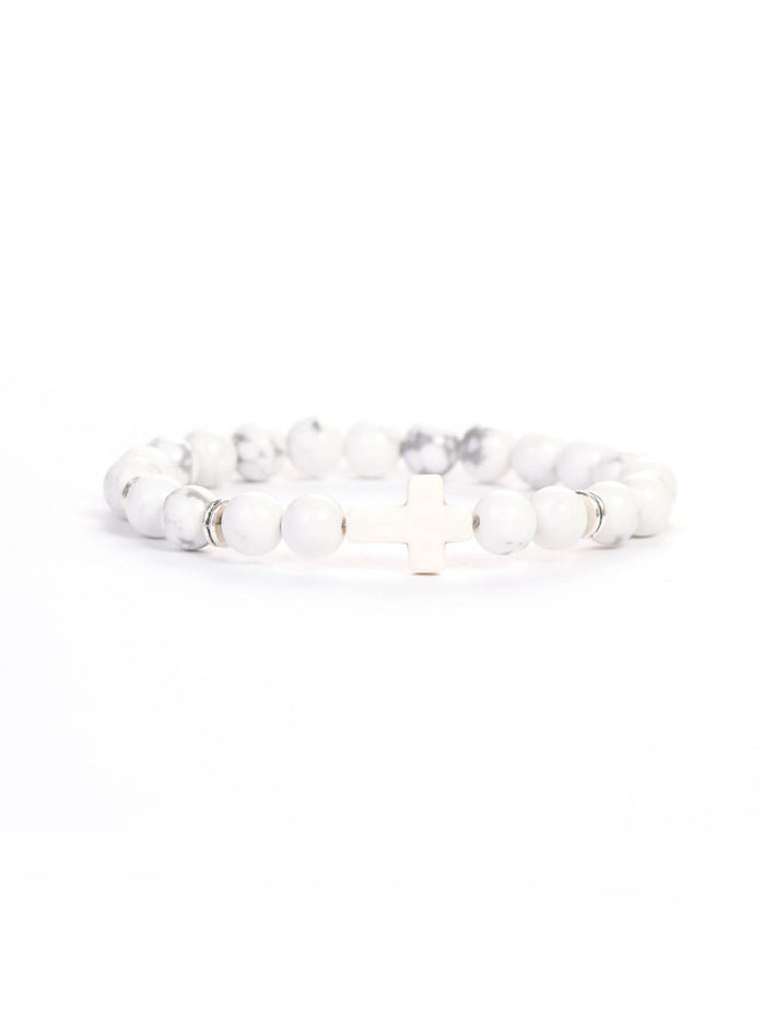 Cross Wristband Pack featuring white marble beads with a central white cross charm, symbolizing faith and strength in a stylish, handcrafted design.