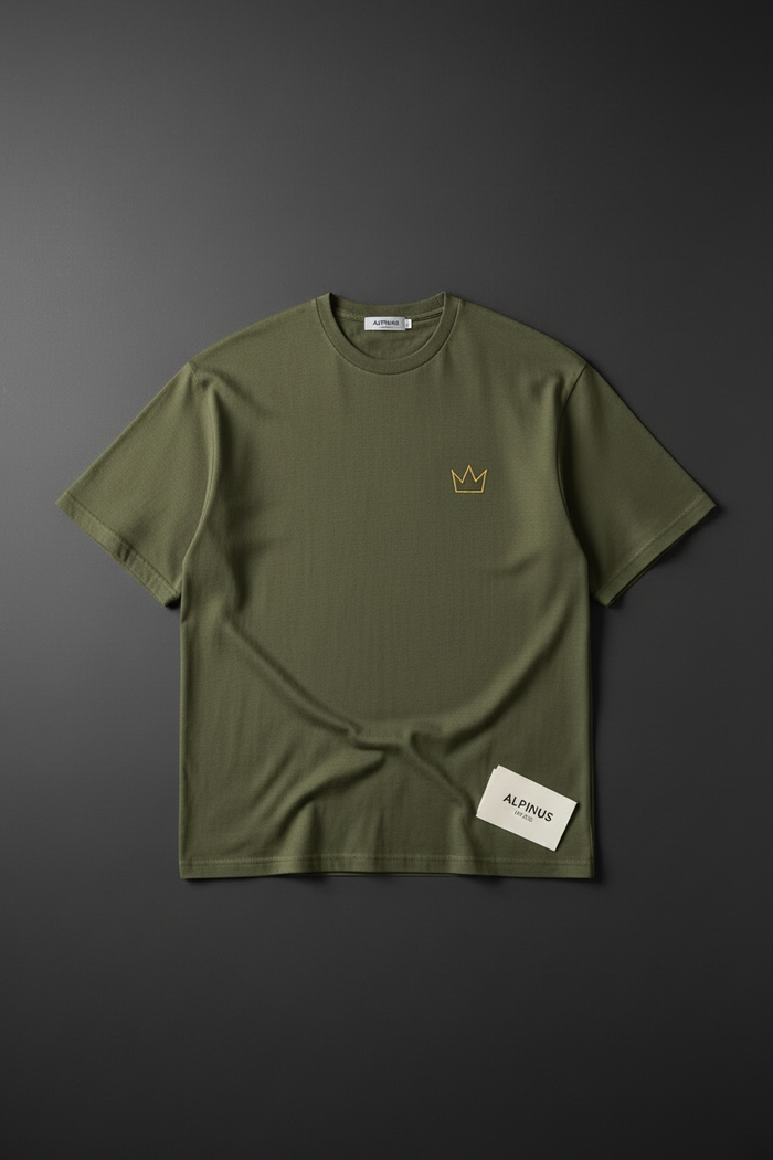 Crown Minimal Embroidery Tee — Olive oversized tee with crown chest embroidery by Varidon