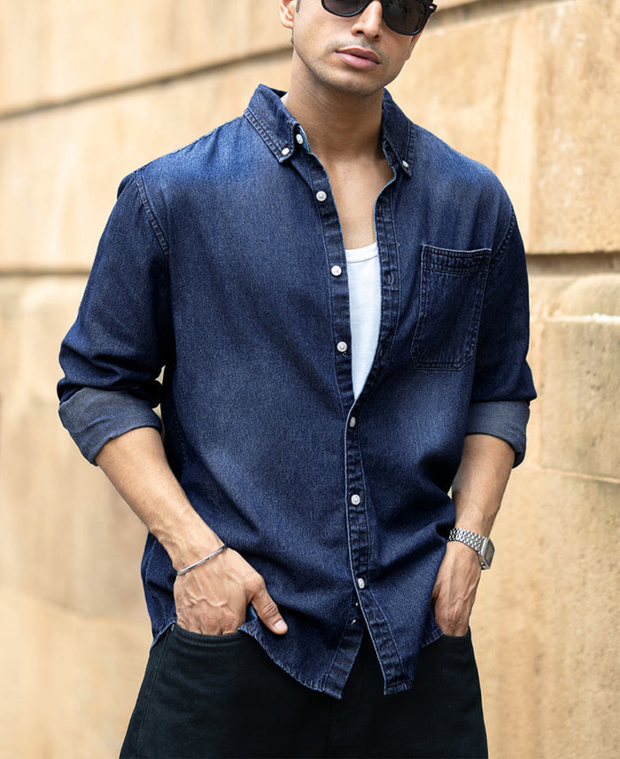 Dark Blue Washed Denim Shirt