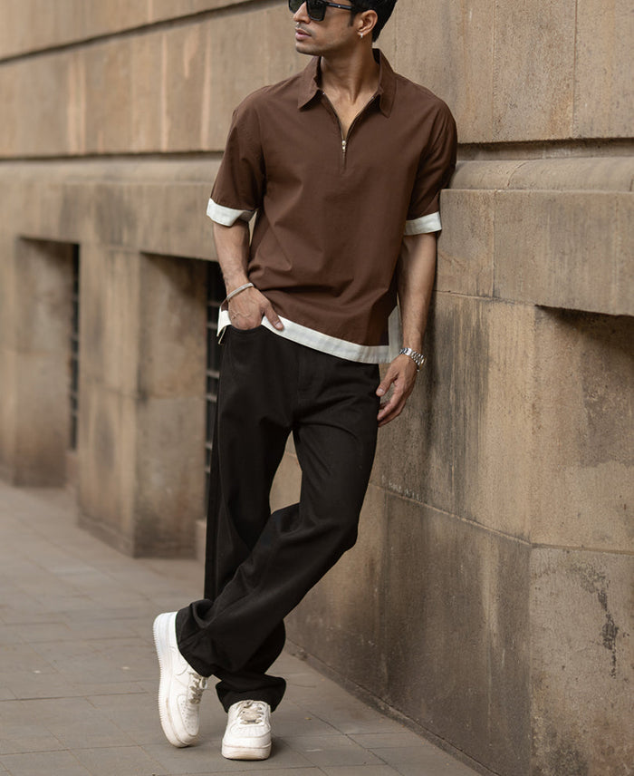 Dark Brown Boxy Fit Zipper Shirt 100% Cotton