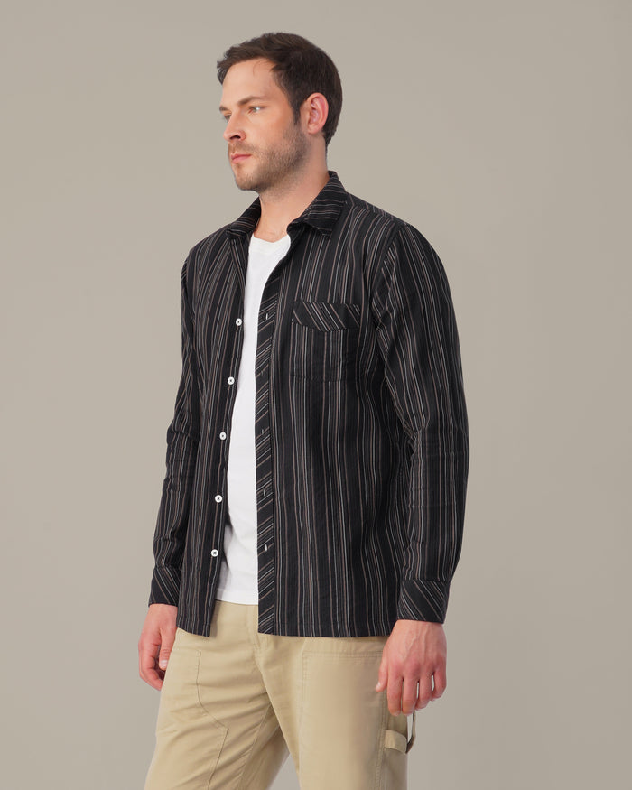 Dark Brown Striped 100% Cotton Slub Shirt